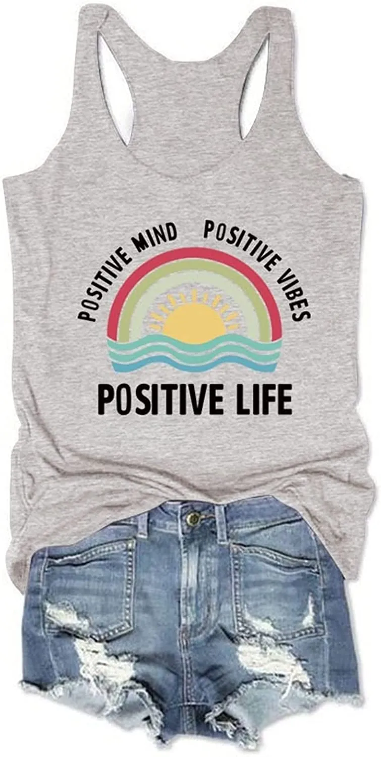 Women Positive Mind Positive Vibes Positive Life Rainbow Tank Tops