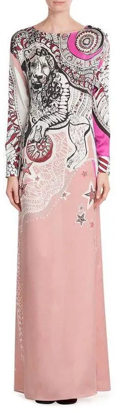 'Zodiac' Printed Long Jersey Silk Gown in Pink