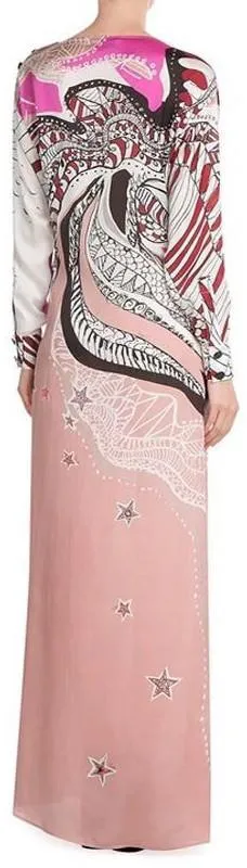 'Zodiac' Printed Long Jersey Silk Gown in Pink